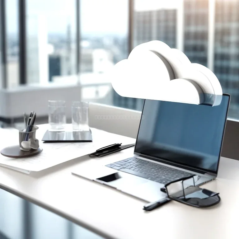 Legal counsel reviewing cloud service agreement with laptop and cloud architecture diagram